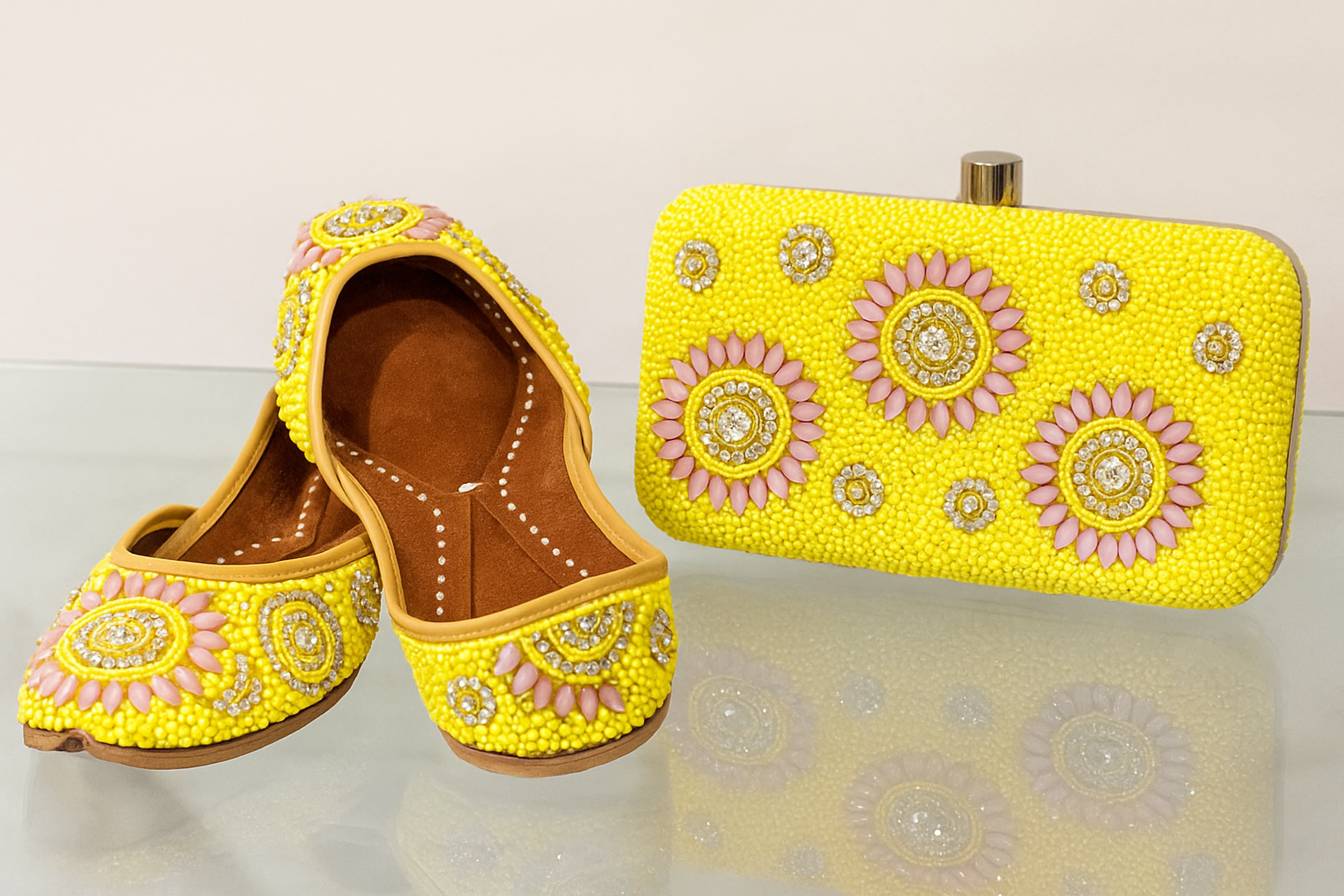 Yellow Embroidered Punjabi Jutti & Clutch Combo