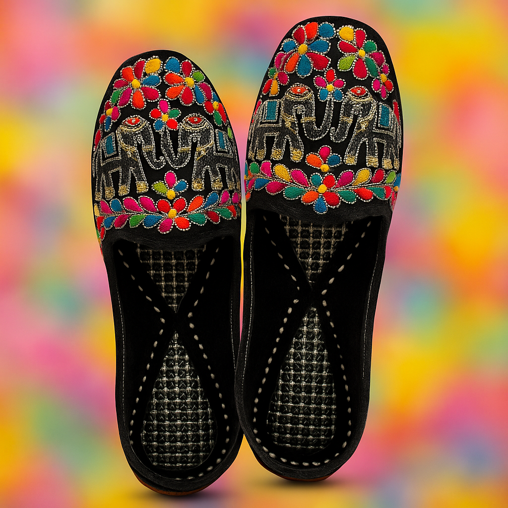 Black Velvet Hand-Embroidered Multicolor Elephant Jutti