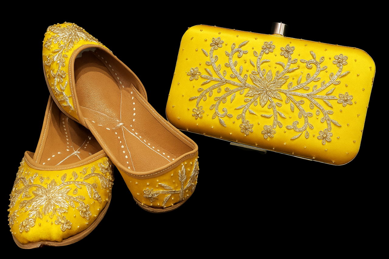 Yellow Embroidered Punjabi Jutti & Clutch Combo