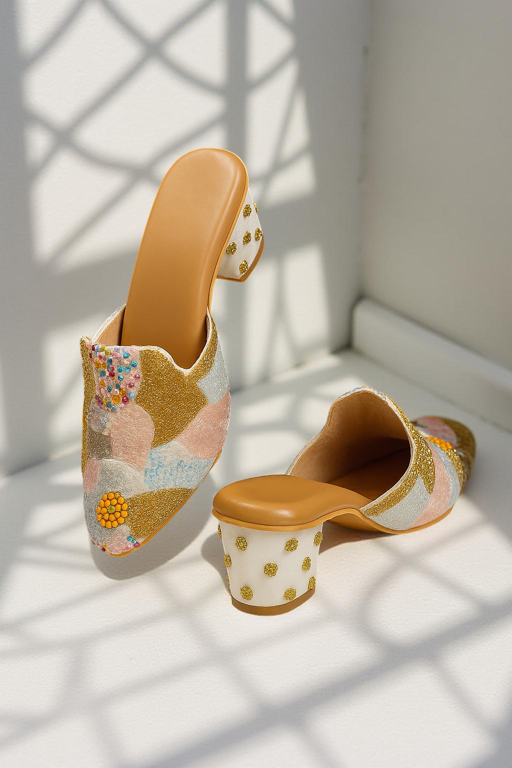 Premium Hand-Embroidered Block Heel Mules