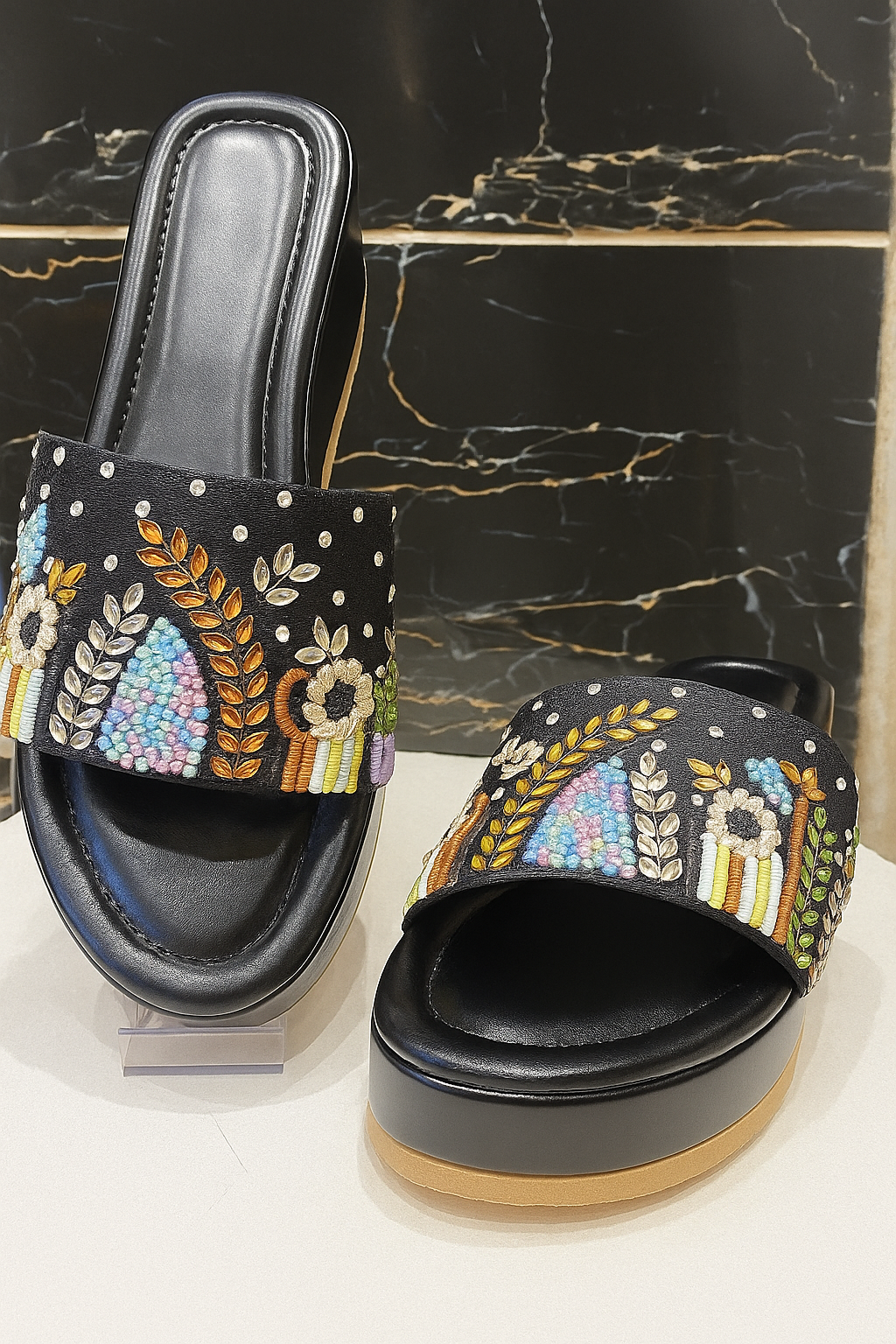 Black Boho Hand-Embroidered Slip-On Platform Sandals