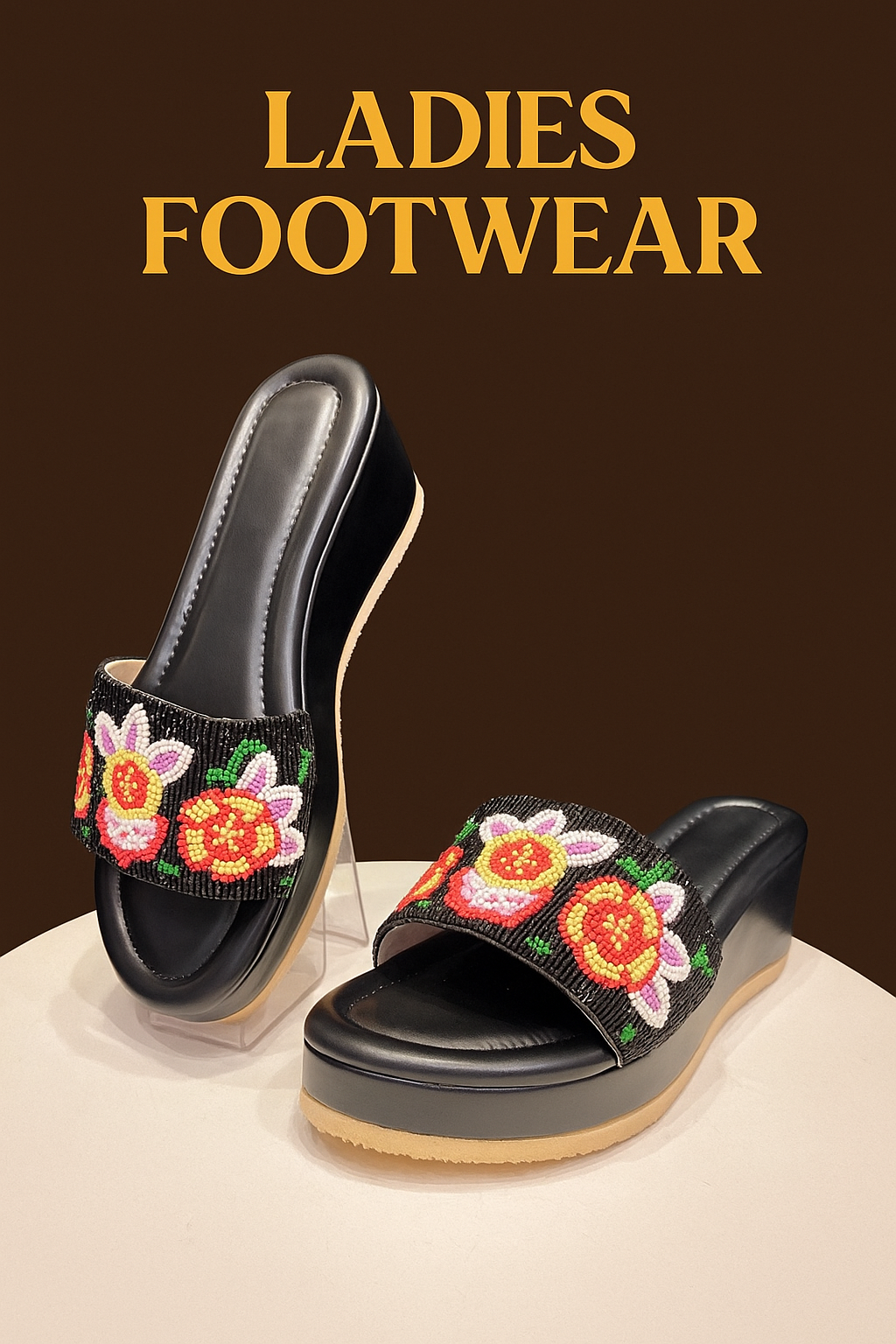 Black Beaded Floral Platform Sliders