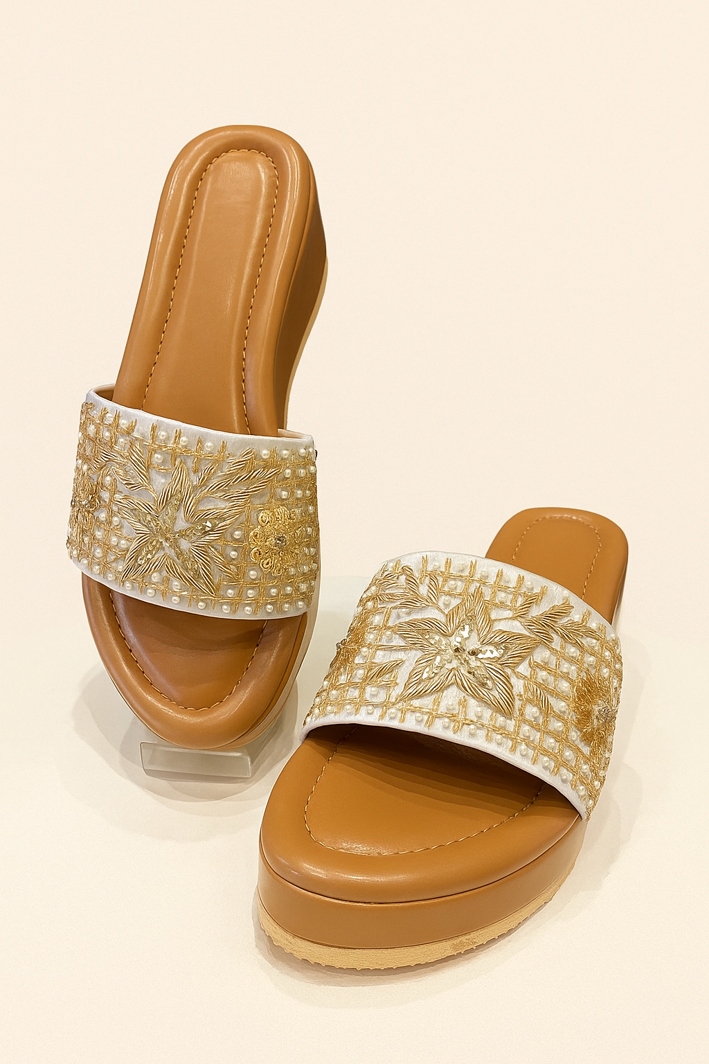 Pearl & Zari Embroidered White Sliders