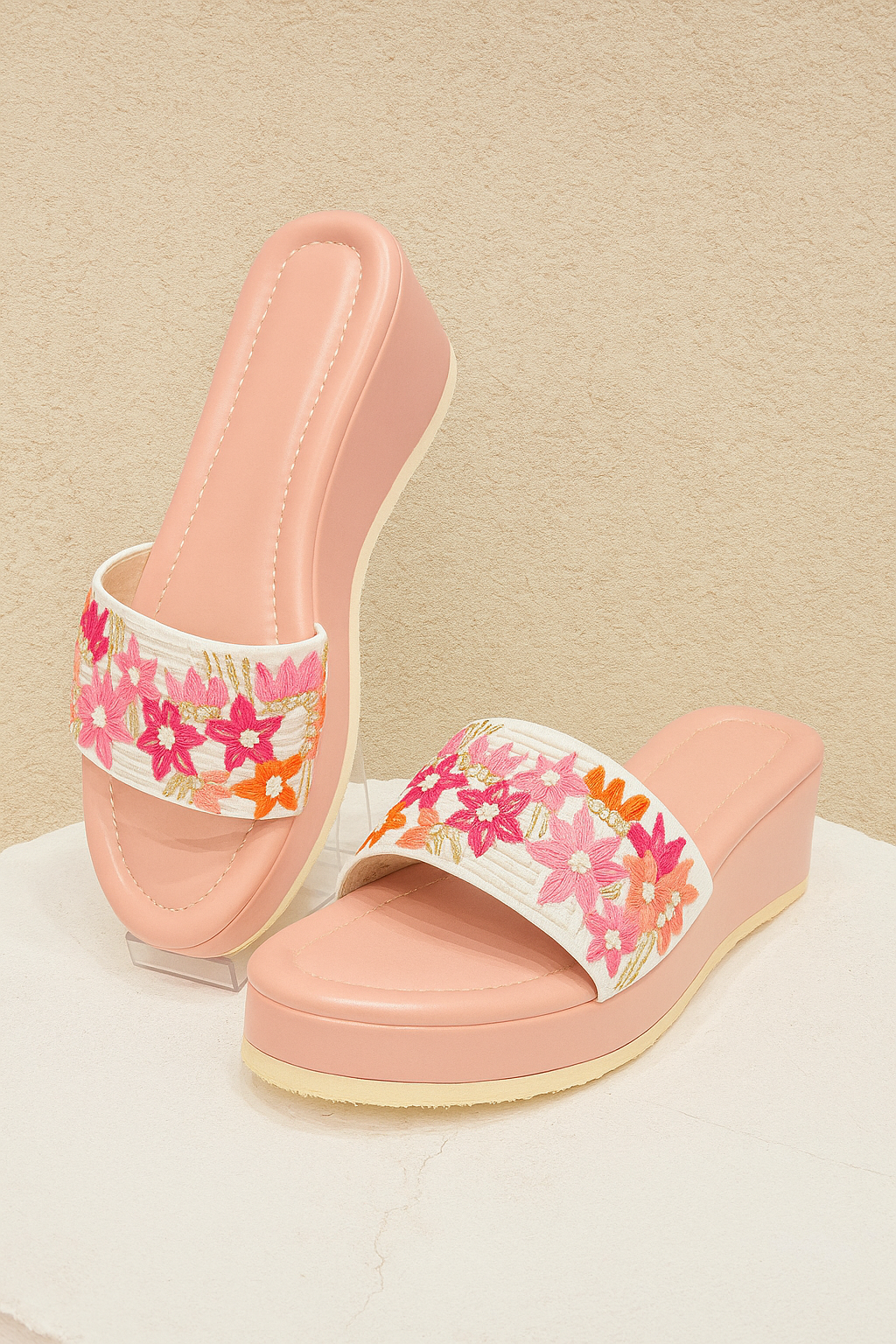 Peach Pink Floral Embroidered Wedge Sliders