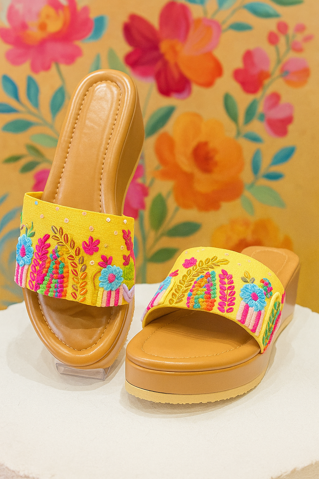 Mustard Yellow Multicolor Embroidered Sliders