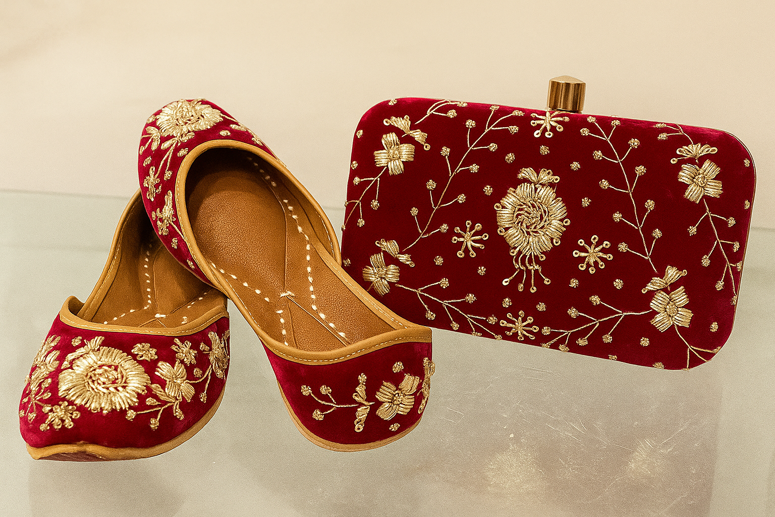 Maroon Velvet Embroidered Jutti & Clutch Combo