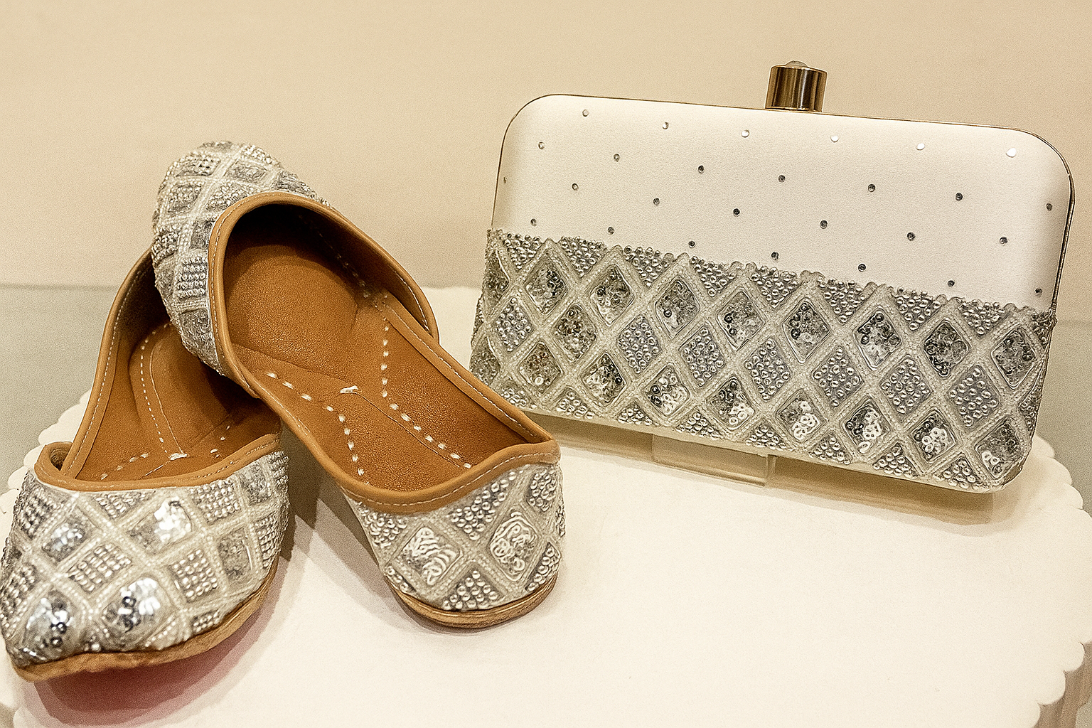 Silver Sequin-Embellished Jutti & Clutch Combo