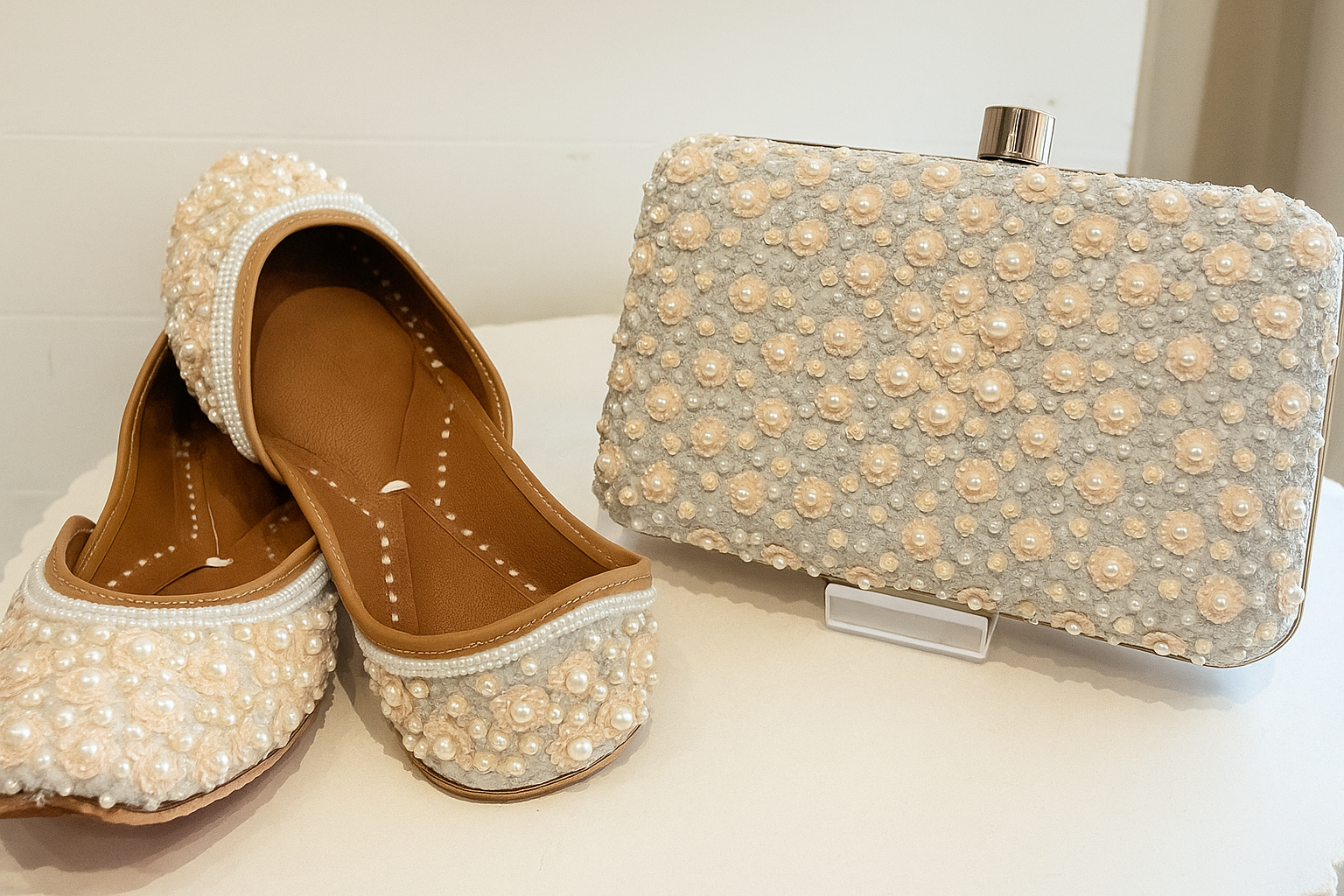 Ivory Pearl & Bead Jutti with Matching Clutch Set