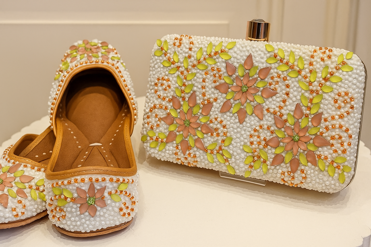 White Embellished Floral Jutti & Clutch Combo