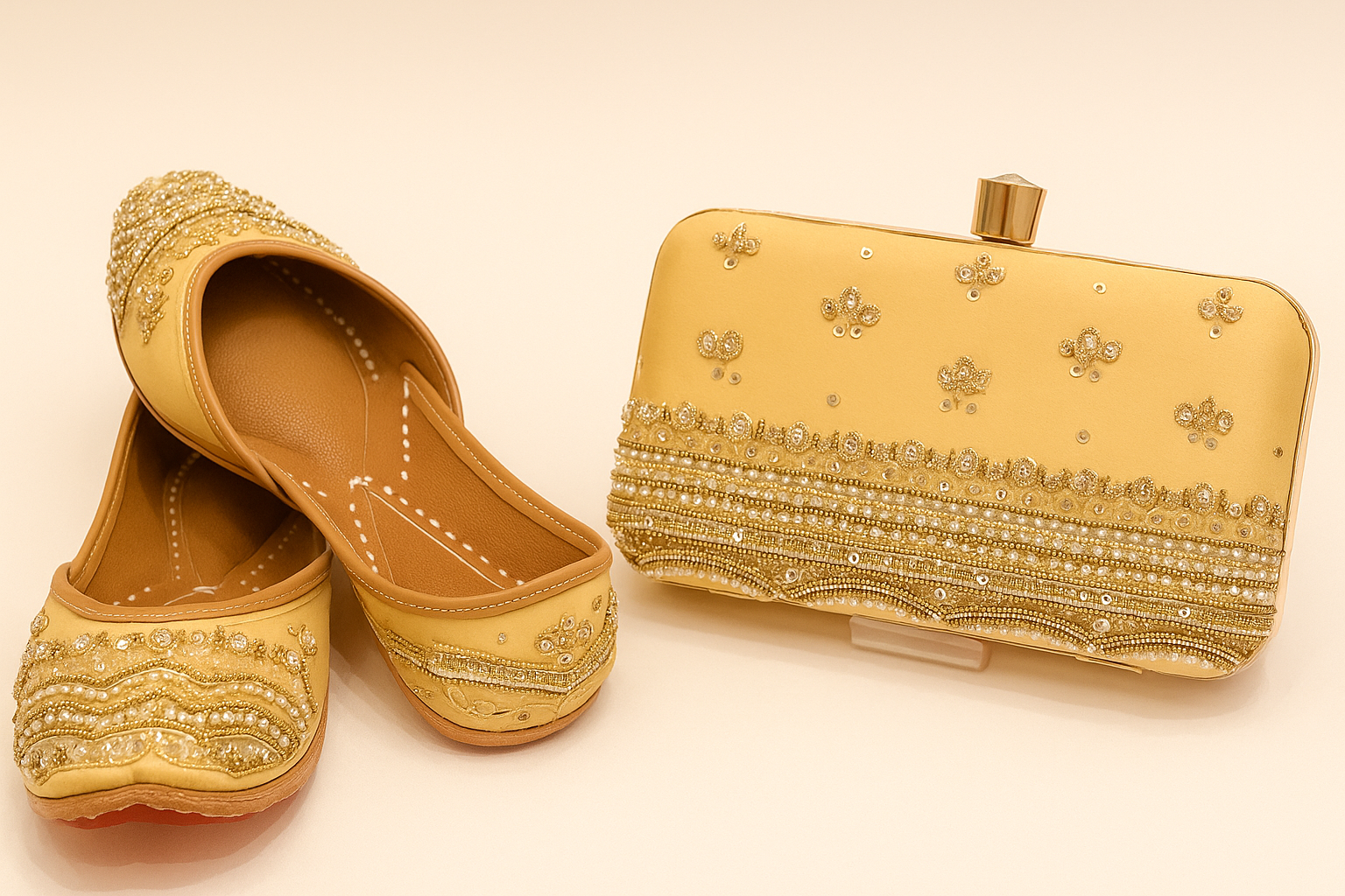 Golden Elegance Embroidered Jutti & Clutch Set