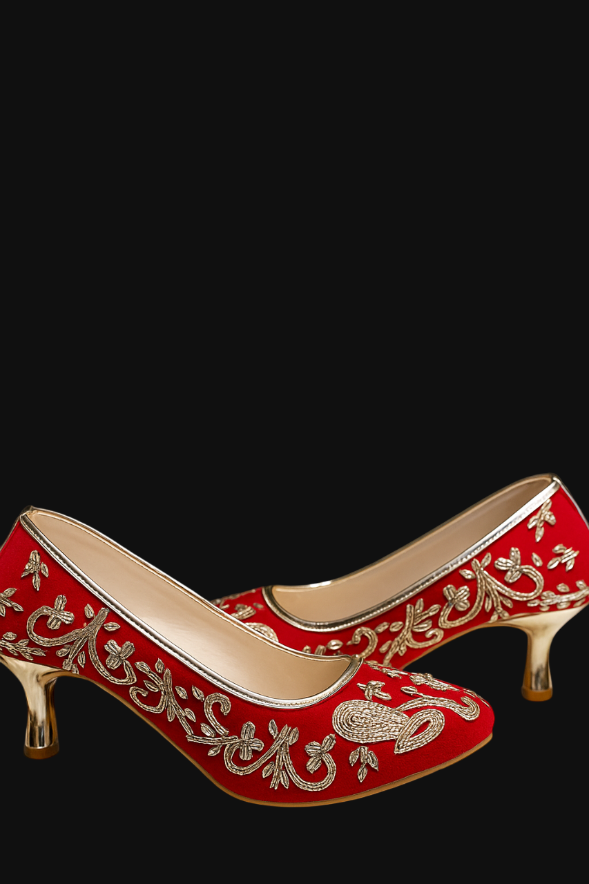 Red Velvet Embroidered Heels – Royal Ethnic Elegance