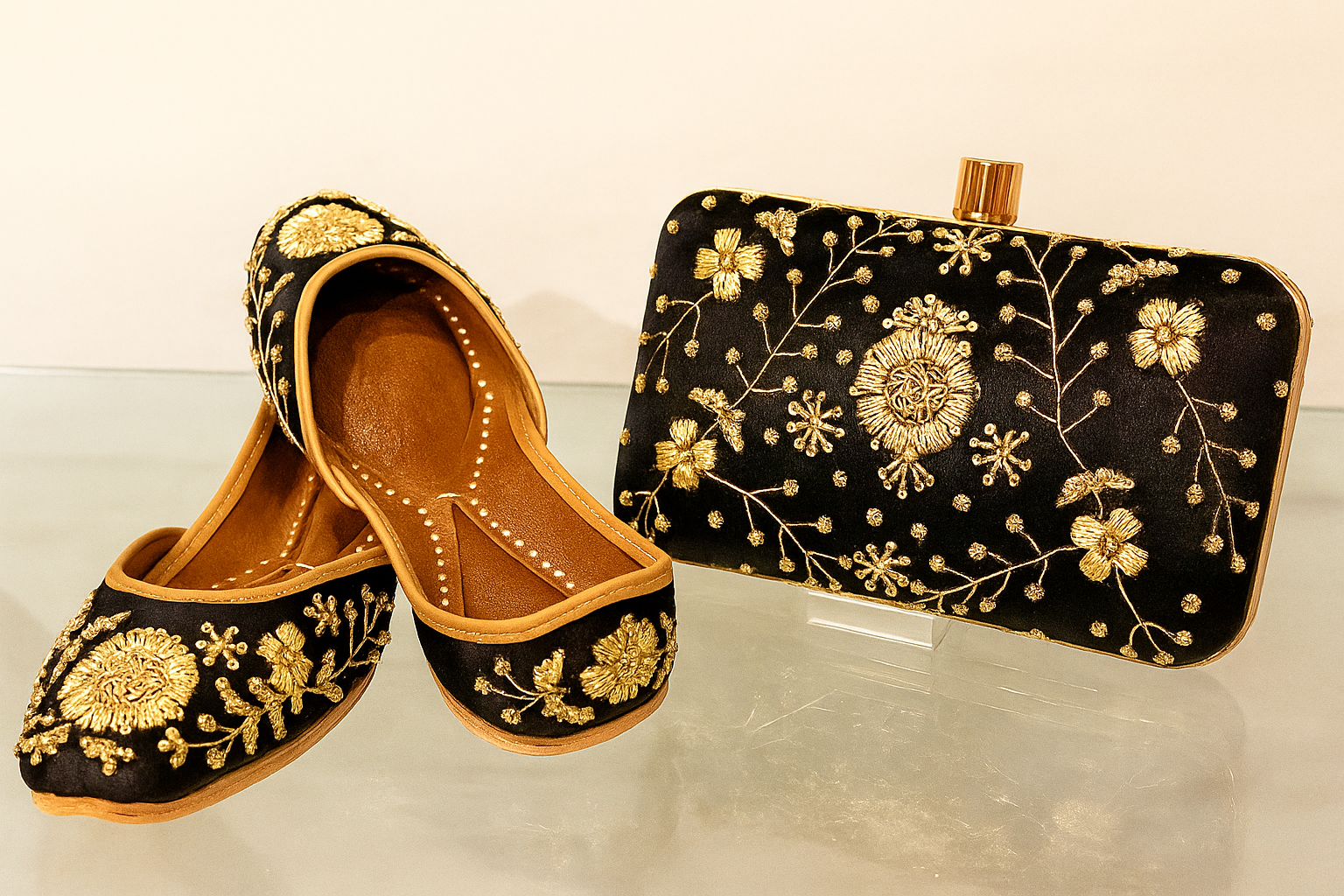 Black & Gold Embroidered Jutti & Clutch Combo