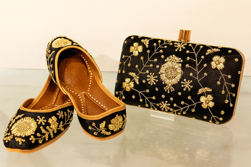 Black & Gold Embroidered Jutti & Clutch Combo